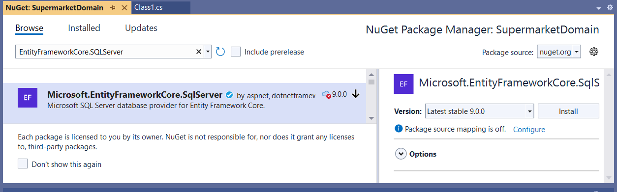 Install Entity framework core 9 nuget package