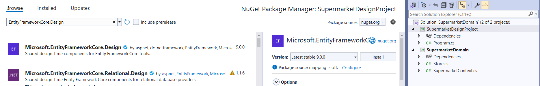 Install Entity framework core design 9 nuget package